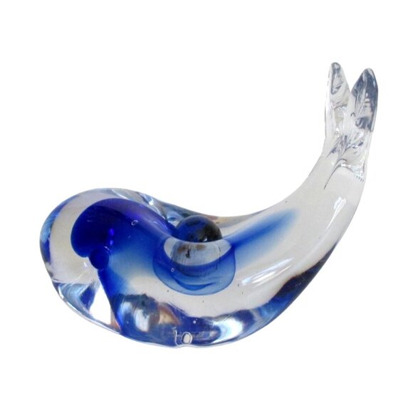 Glass Whale Figurine - Cobalt Blue & Clear Art Glass - Vintage Collectible - Picture 3 of 5